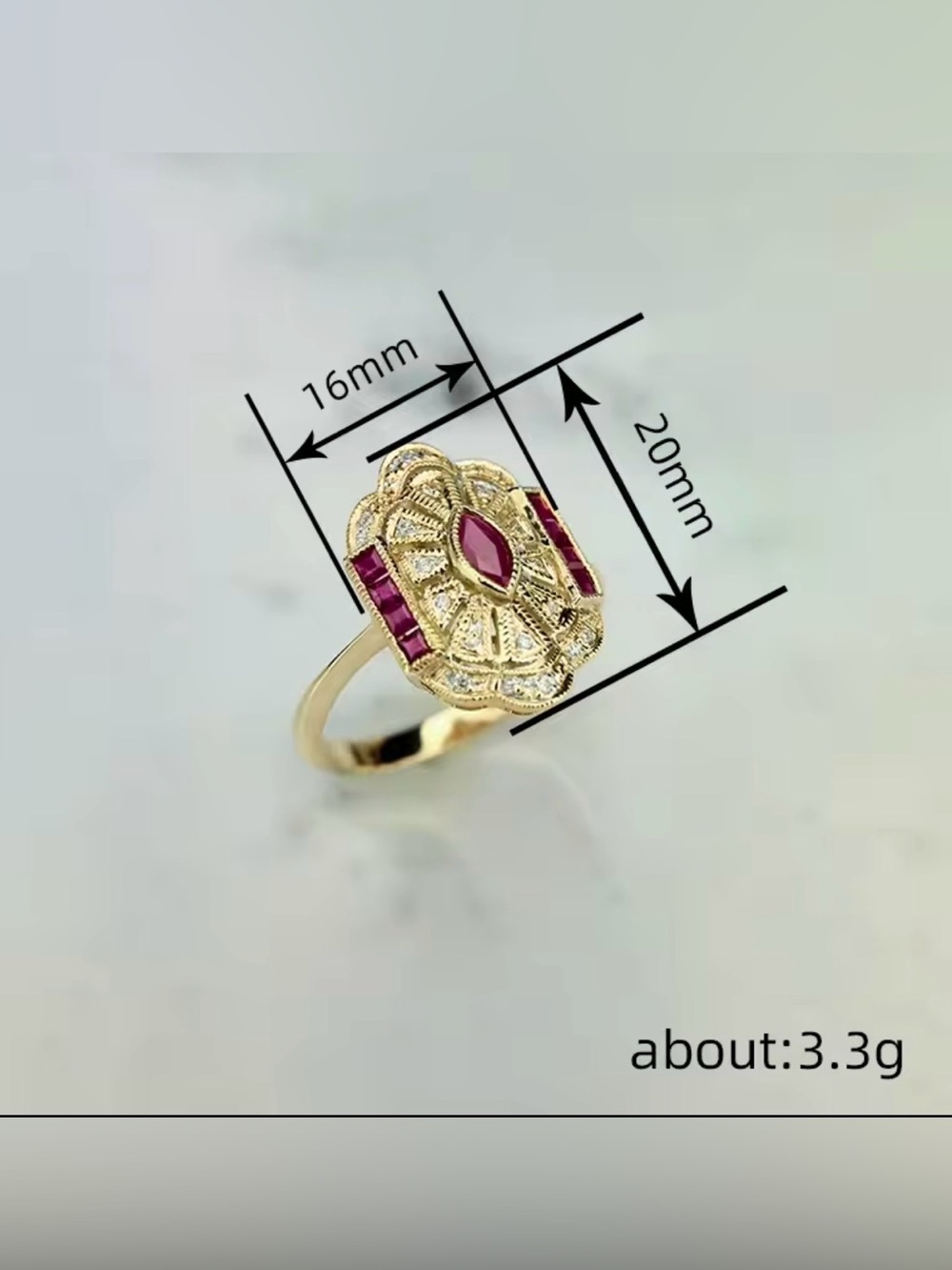 Vintage Ruby Red Crystal Statement Ring – Gold Tone Art Deco Inspired - Picture 4 of 6